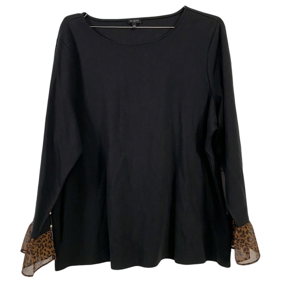 Talbots Shirt Womens‎ 2X Black Long Sleeve Leopard Ruffle Chiffon Cuffs Gold